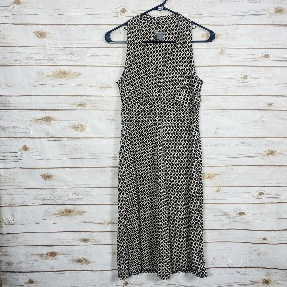 Ann Taylor Women Geometric Print Sleeveless V-Neck Midi Dress Black Beige Size 6